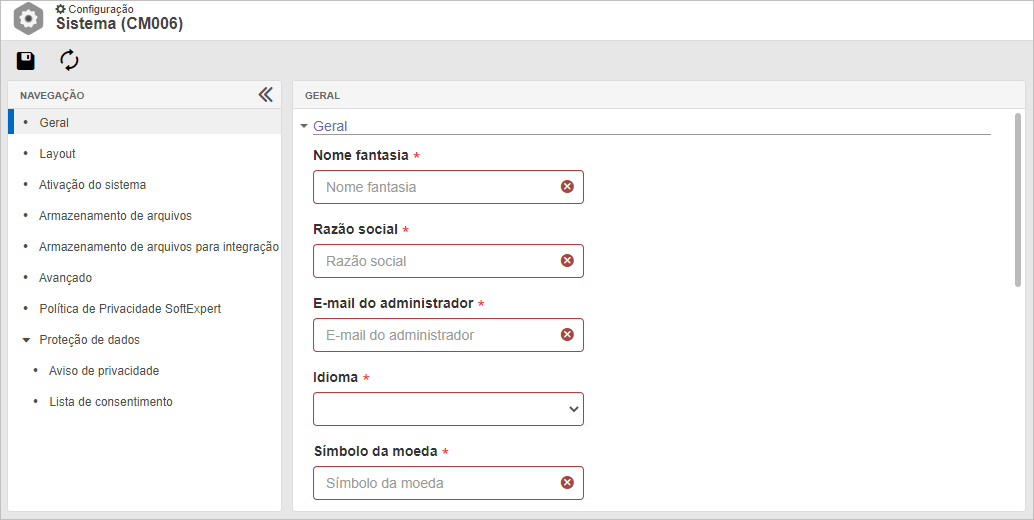 Esta tela é apresentada na configuração inicial do SE Suite, por isso alguns campos da tela podem estar preenchidos, caso o sistema já esteja em operação. Esta tela é apresentada na configuração inicial do SE Suite, por isso alguns campos da tela podem estar preenchidos, caso o sistema já esteja em operação.