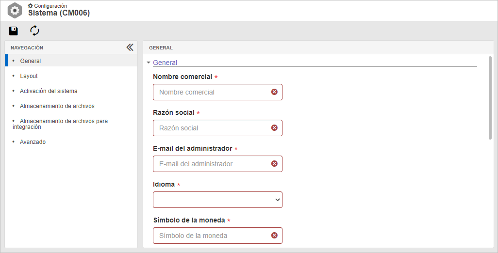 Esta pantalla es presentada en la configuración inicial de SE Suite, por eso algunos campos de la pantalla pueden haber sido llenados, si el sistema ya está en operación. Esta pantalla es presentada en la configuración inicial de SE Suite, por eso algunos campos de la pantalla pueden haber sido llenados, si el sistema ya está en operación.