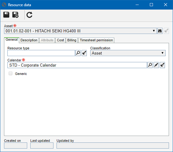 This image refers to an asset created as a resource. The data screen of a generic resource with the "Asset" classification is similar. This image refers to an asset created as a resource. The data screen of a generic resource with the "Asset" classification is similar.