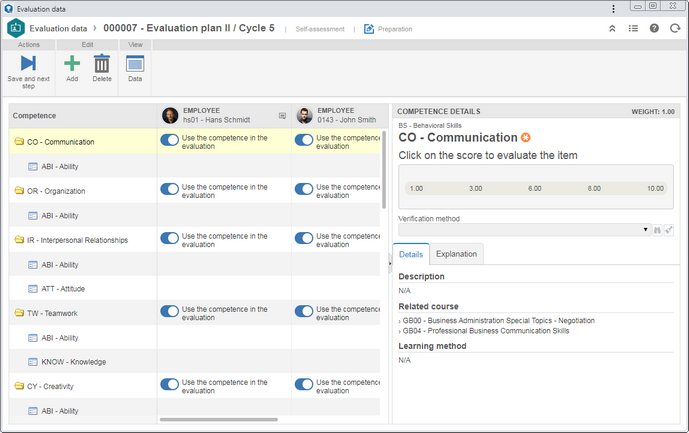 This image refers to the preparation screen for several employees simultaneously. The competences (and evaluation items) structure will be displayed in a column and, next to it, the employees who will be evaluated will be displayed. This image refers to the preparation screen for several employees simultaneously. The competences (and evaluation items) structure will be displayed in a column and, next to it, the employees who will be evaluated will be displayed.