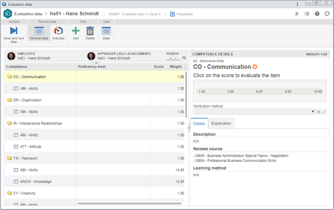 This image refers to the preparation screen for a single employee. In the "General data" section, the structure of the competences (and evaluation items) that will be evaluated is displayed. By clicking on a competence or item, on the side panel, the details of the selected record will be displayed. This image refers to the preparation screen for a single employee. In the "General data" section, the structure of the competences (and evaluation items) that will be evaluated is displayed. By clicking on a competence or item, on the side panel, the details of the selected record will be displayed.