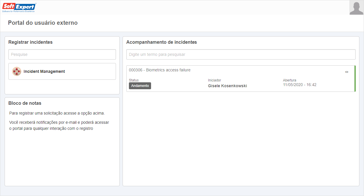 Portal do usuário externo configurado com os widgets do SE Incidente Portal do usuário externo configurado com os widgets do SE Incidente