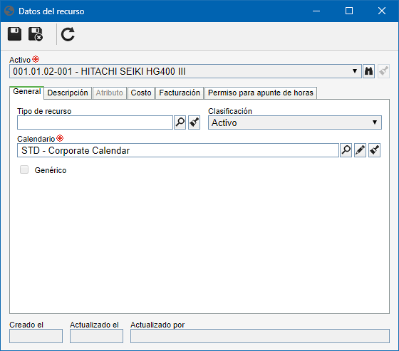 Esta imagen es referente a un activo registrado como recurso. La pantalla de datos de un recurso genérico con clasificación "Activo" es similar. Esta imagen es referente a un activo registrado como recurso. La pantalla de datos de un recurso genérico con clasificación "Activo" es similar.