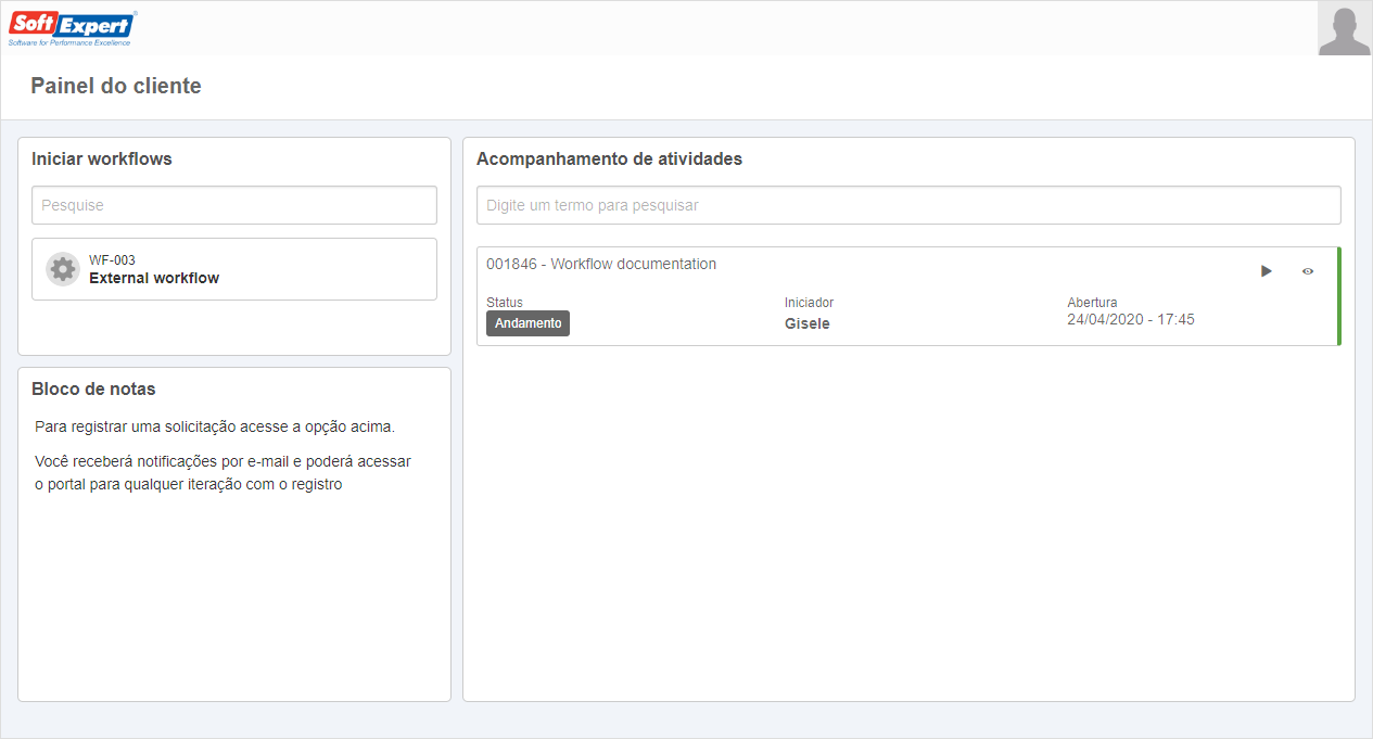Painel de cliente configurado com os widgets do SE Workflow Painel de cliente configurado com os widgets do SE Workflow