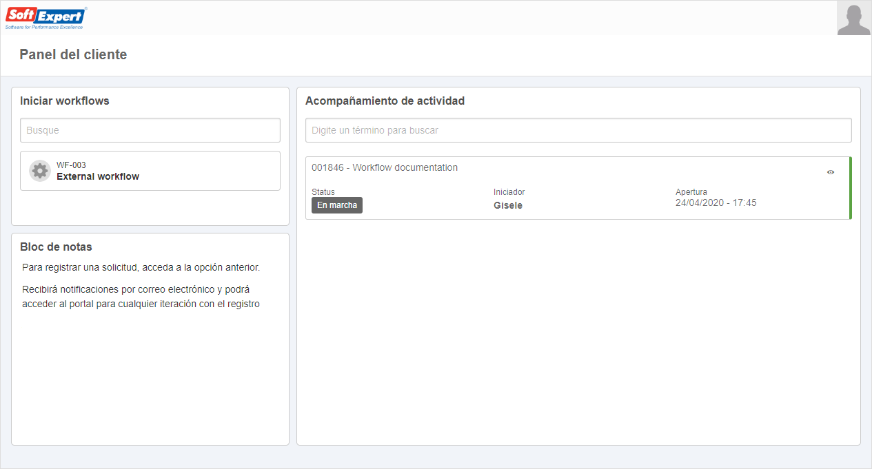 Panel de cliente configurado con los widgets de SE Workflow Panel de cliente configurado con los widgets de SE Workflow